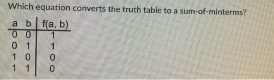 Which equation converts the truth table to a sum-of-minterms? a bf(a, b) Ο Ο 1 0 1 1 10 0 1 1 0