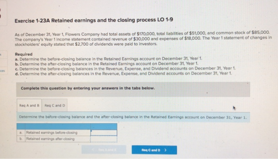 Exercise 1-23A Retained earnings and the closing process LO 1-9 As of December 31, Year 1. Flowers Company had total assets o