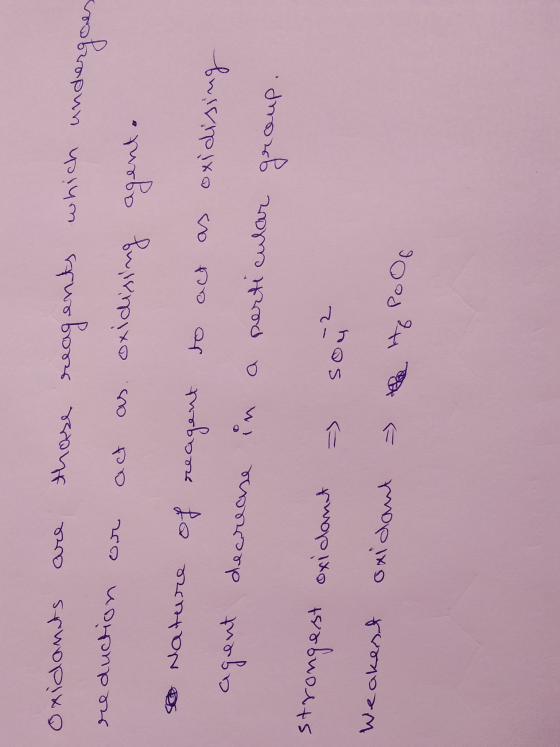 oxidants are those reagents which undergan reduction or act as oxidising agent. so Nature of reagent to act as oxidising agen