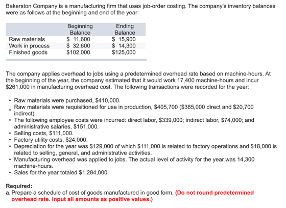 Bakerston Company is a manufacturing firm that uses job-order costing. The companys inventory balances were as follows at th