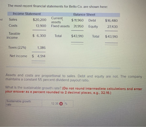 The most recent financial statements for Bello Co. are shown here: ed Income Statement Sales $20,200 Costs 13,900 Balance She
