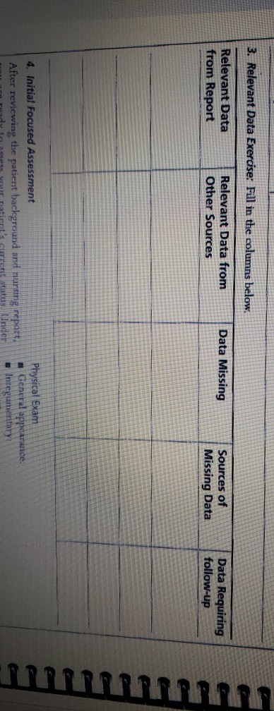 3. Relevant Data Exercise: Fill in the columns below. Relevant Data from Report Relevant Data from Other Sources Data Missing