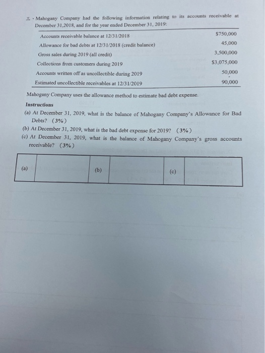Mahogany Company had the following information relating to its accounts receivable at December 31,2018, and for the year ende