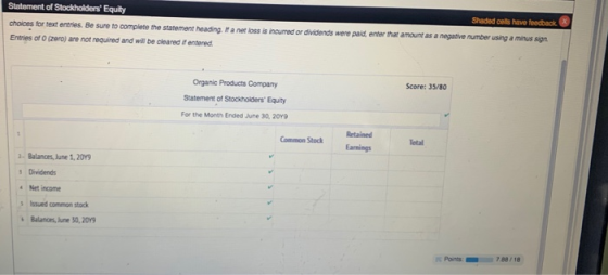 Statement of Stockholders Equity Shaded cells have feedback choices for text entries. Be sure to complete the statement head