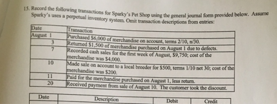 15. Record the following transactions for Sparkys Pet Shop using the general journal form Sparky s uses a perpetual inventor