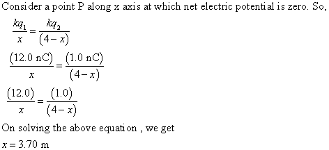 Consi der a point P along x axis at which net electric potential is zero. So, ka k x (4-x) (12.0 nC) (1.0 nC 4- (120) (1.0) 4- x On solving the above equation, we get x 3.70 m
