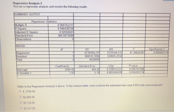 Regression Analysis 2 You run a regression analysis and receive the following results SUMMARY OUTPUT Regression Statistics Mu