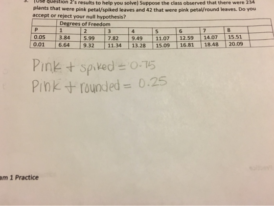 S. tose question 2s results to help you solve) Suppose the class observed that there were 234 plants that were pink petal/spiked leaves and 42 that were pink petal/round leaves. Do you accept or reject your null hypothesis? Degrees of Freedom 2 4 5 6 7 8 0.05 3.84 5.99 7.82 9.49 11.07 12.59 14.07 15.51 0.01一ー16.64一一9.32一11.34-13.28ー15.09一16.81一18.48-120.09ー! Pink + spiked - 0-15 Pink rounded = 0.25 am 1 Practice
