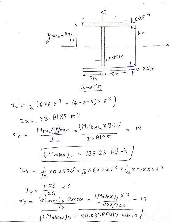 m 0.25 Ymax = 3.25 T6in k0.25 in Son 10.25in 3in Zmar -3 in 6 = 13 Iz = te (6X6.53 - (-0.25) X 63) Iz = 33.8125 int - MmaxhY