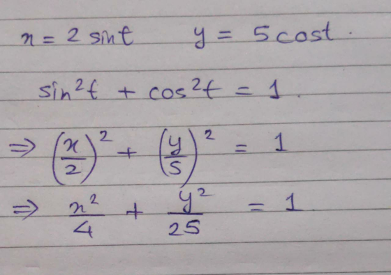 n = 2 sint y = 5 cost. sin2t + cos2f = 1 2 2 y 1 2 S => 1 22 + y² 25