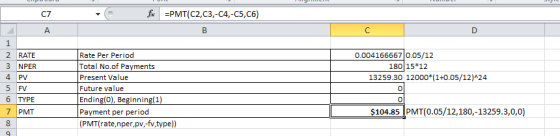 fix =PMT(C2,C3,-C4,-C5, C6) ДА 1 2 RATE NPER 4 PV 5 FV 6 TYPE 7 PMT 0.004166667 0.05/12 180 15*12 13259.30 12000*(1+0.05/12)