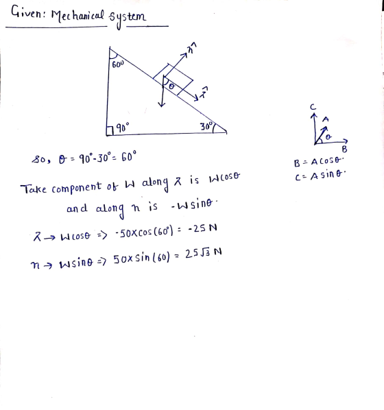 Given: Mechanical system 37 600 o с. 30° 790° B 80, 0 - 90°-30°- 60° B - ACOSO CAsing Take component of w along x is wloso n