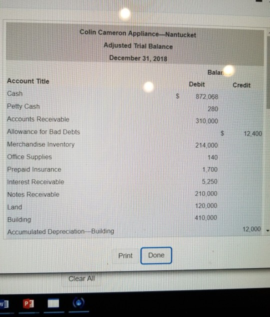 Colin Cameron Appliance-Nantucket Adjusted Trial Balance December 31, 2018 Balar Account Title Cash Petty Cash Accounts Receivable Allowance for Bad Debts Merchandise Inventory Office Supplies Prepaid Insurance Interest Receivable Notes Receivable Land Building Accumulated Depreciation-Building Debit Credit $872,068 280 310,000 12,400 214,000 140 1,700 5,250 210,000 120,000 410.000 12,000 Print Done Clear All