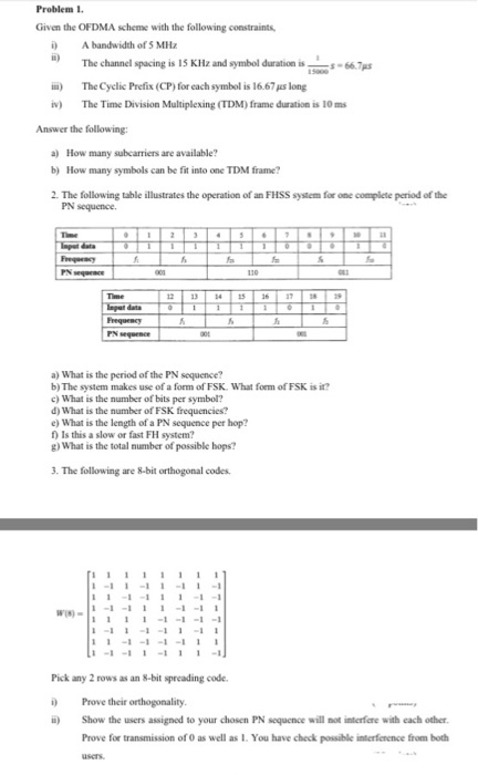 Problem 1 Given the OFDMA scheme with the following constraints, iA bandwidth of 5 MHz in) The channel spacing is 15 KHz and symbol duration-ios- i) The Cyclic Prefix (CP) for each symbol is 16.67pus long iv) The Time Division Multiplexing (TDM) frame duration is 10 ms Answer the following: How many subcarriers are available? How many symbols can be fit into one TDM frame? a) b) 2. The following table illustrates the operation of an FHSS system for one complete period of the PN sequence 12 13 S68 a) What is the period of the PN sequence? b) The system makes use of a form of FSK. What form of FSK is it? c) What is the number of bits per symbol? d) What is the number of FSK frequencies? e) What is the length of a PN sequence per hop? ) Is this a slow or fast FH system? g) What is the total number of possible hops 3. The following are 8-bit orthogonal codes. 1-1-111-1 Pick any 2 rows as an 8-bit sprcading code. Prove their orthogonality ) Show the users assigned to your chosen PN sequence will not interfere with each other Prove for transmission of 0 as well as L. You have check possible interference from both