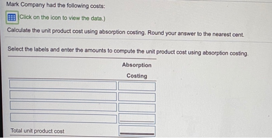 Mark Company had the following costs: (Click on the icon to view the data.) Calculate the unit product cost using absorption