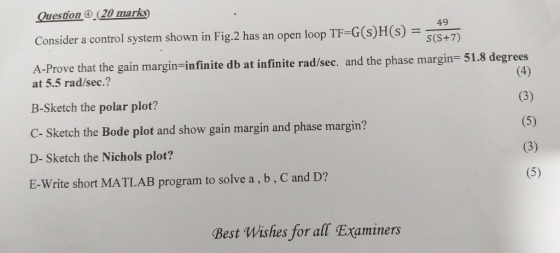Question .(20 marks) Consider a control system shown in Fig.2 has an open loop TE-G(S)H(s)- 49 S(S+7) A-Prove that the gain m