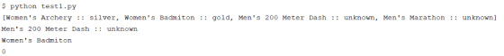 $ python test1.py Womens Archery silver, Womens Badmiton:: gold, Mens 200 Meter Dash: unknown, Mens Marathon Mens 200 Me
