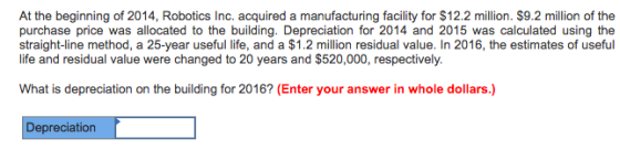 At the beginning of 2014, Robotics Inc. acquired a manufacturing facility for $12.2 million. $9.2 million of the purchase price was allocated to the building. Depreciation for 2014 and 2015 was calculated using the straight-line method, a 25-year useful life, and a $1.2 million residual value. In 2016, the estimates of useful life and residual value were changed to 20 years and $520,000, respectively. What is depreciation on the building for 2016? (Enter your answer in whole dollars.) Depreciation