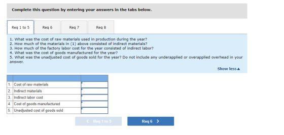 Complete this question by entering your answers in the tabs below. Req 1 to 5 Req 6 Req 7 Req 8 1. What was the cost of raw m
