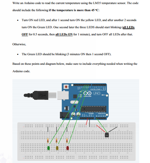 Write an Arduino code to read the current temperature using the LM35 temperature sensor. The code should include the followin