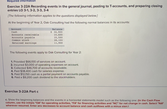 Required information Exercise 3-22A Recording events in the general journal, posting to T-accounts, and preparing closing ent