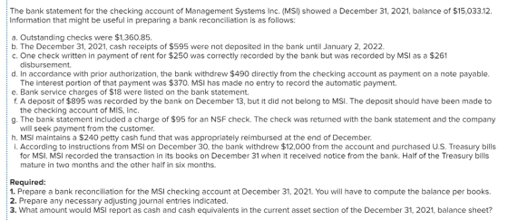 The bank statement for the checking account of Management Systems Inc. (MSI) showed a December 31, 2021, balance of $15,033.1