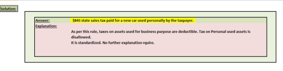 Solution Answer: $843 state sales tax paid for a new car used personally by the taxpayer Explanation: As per this rule, taxes on assets used for business purpose are deductible. Tax on Personal used assets is disallowed It is standardized. No further explanation rquire.
