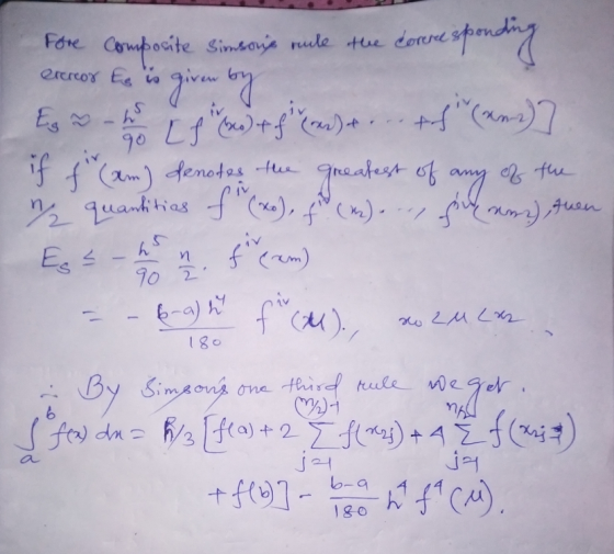 Fore Composite simsone rule the correspond erereor es is given by Es - C f Ceme) f condes- tf (*^1)] if tham) denotes the g