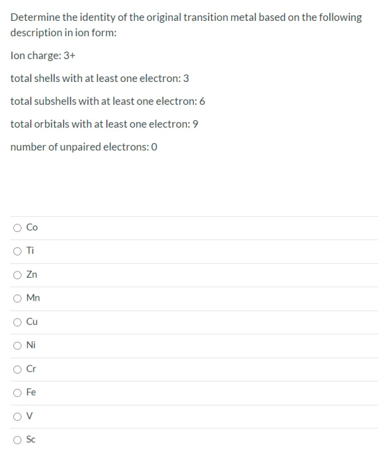 Determine the identity of the original transition metal based on the following description in ion form: lon charge: 3+ total