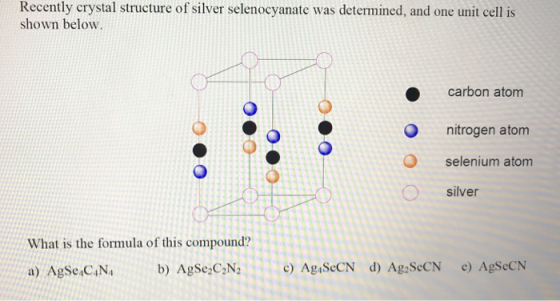 Recently crystal structure of silver selenocyanate was determined, and one unit cell is shown below. carbon atom nitrogen ato