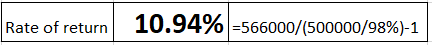 Rate of return 10.94% =566000/(500000/98%)-1