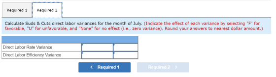 Required 1 Required 2 Calculate Suds & Cuts direct labor variances for the month of July. (Indicate the effect of each varian