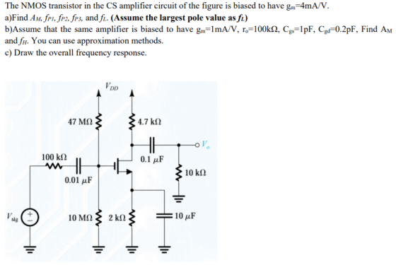 The NMOS transistor in the CS amplifier circuit of the figure is biased to have gn=4mA/V. a)Find Am, fpi, fp2, fp3, and fl. (