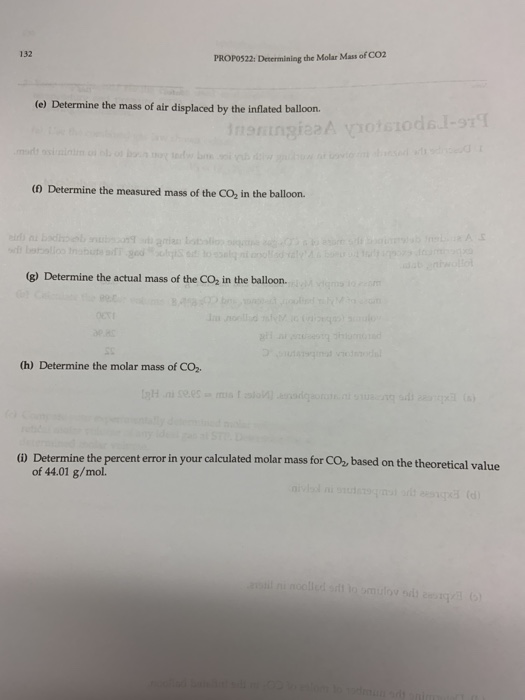 132 PROPOS22: Determining the Molar Mass of Co2 e) Determine the mass of air displaced by the inflated balloorn (0 Determine