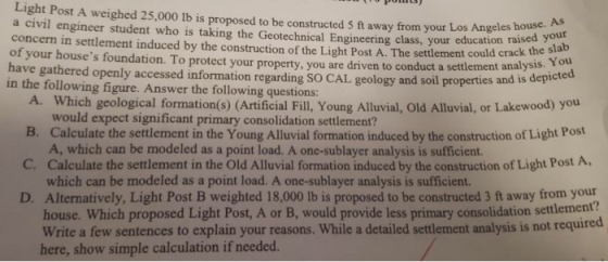 Light Post A weighed 25,000 lb is proposed to be constructed 5 ft away from your Los Angeles house. As a civil engineer stude