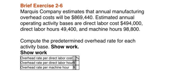Brief Exercise 2-6 Marquis Company estimates that annual manufacturing overhead costs will be $869,440. Estimated annual oper