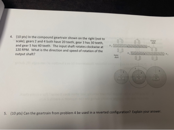 (10 pts) In the compound geartrain shown on the right (not to scale), gears 2 and 4 both have 20 teeth, gear 3 has 30 teeth,