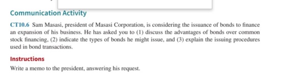 Communication Activity CT10.6 Sam Masasi, president of Masasi Corporation, is considering the issuance of bonds to finance an