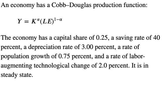 An economy has a Cobb-Douglas production function: Y = K(LE)!-a The economy has a capital share of 0.25, a saving rate of 40
