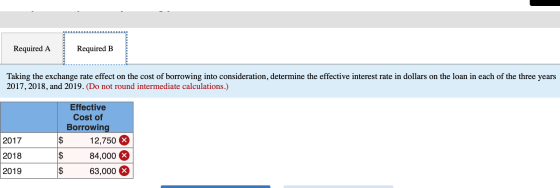 Required A Required B ----------- Taking the exchange rate effect on the cost of borrowing into consideration, determine the