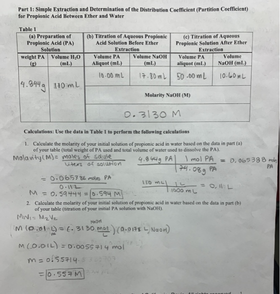 Part 1: Simple Extraction and Determination of the Distribution Coefficient (Partition Coefficient) for Propionic Acid Betwee