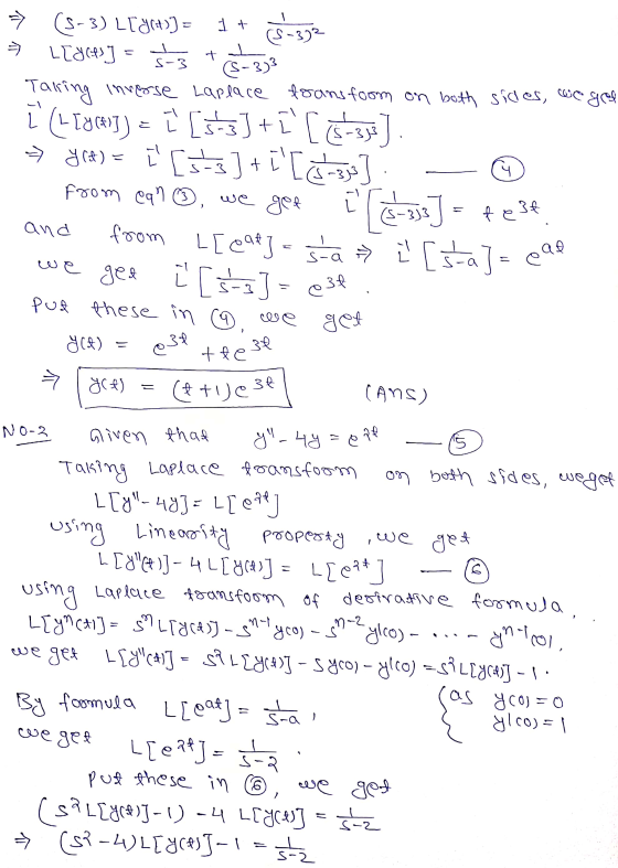 => 1 + = 다 5-32 S-3)3 grel (5-3) L[ YOU)) = LEglts] 5-3 Taking inverse Laplace transfoom on both sides, (-L8%]) i [sts J+ I [