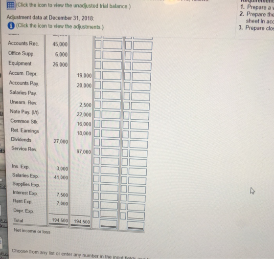 Click the icon to view the unadjusted trial balance.) Adjustment data at December 31, 2018: (Click the icon to view the adjus