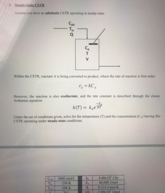 3. Steady-State CSTR Assume you have an adiabatic CSTR operating at steady-state. Within the CSTR, reactant A is being conver