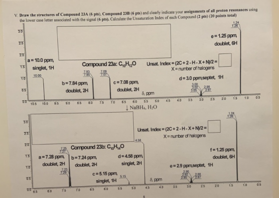 V. Draw the structures of Compound 23A (6 pts). Compound 23B (6 pts) and clearly indicate your assignments of all proton reso