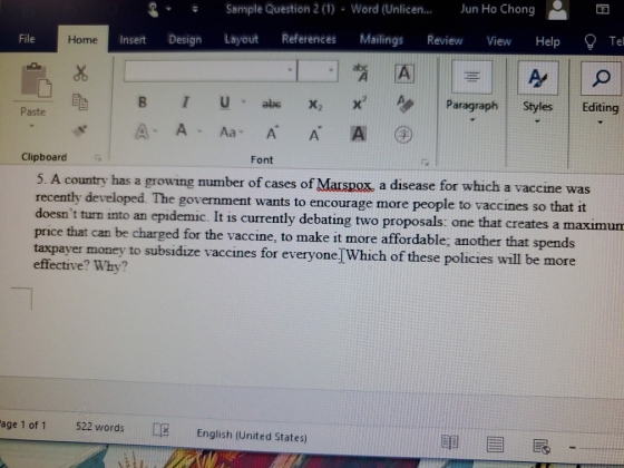 Jun Ho Chong Sample Question 2 (1) - Word (Unlicen... Insert Design File Layout References Home Mailings Review View Help Te