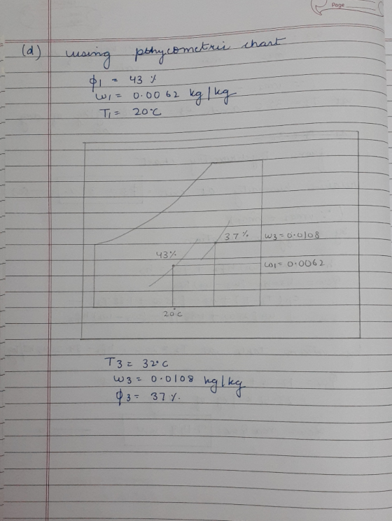 Page (a) uusing pohycometric chart $1 = 43 % = لا 0.0062 20°C 37% (37% W3=0.0/08 43% Loi=0.0062 20c T3: 3200 W3 = 0.0108 negl