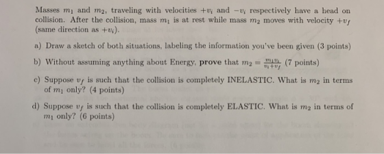 Masses my and m2, traveling with velocities +v; and -u respectively have a head on collision. After the collision, mass mi is
