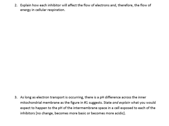 2. Explain how each inhibitor will affect the flow of electrons and, therefore, the flow of energy in cellular respiration. 3