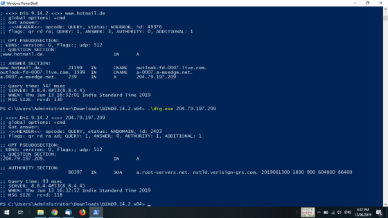 Windows PowerShell ; <o>DG ns www.hotmail.de Job :: Got ans wer: ;;->>HEADER<<- opcode: QUERY, status: NOERROR. ;; flags: qr